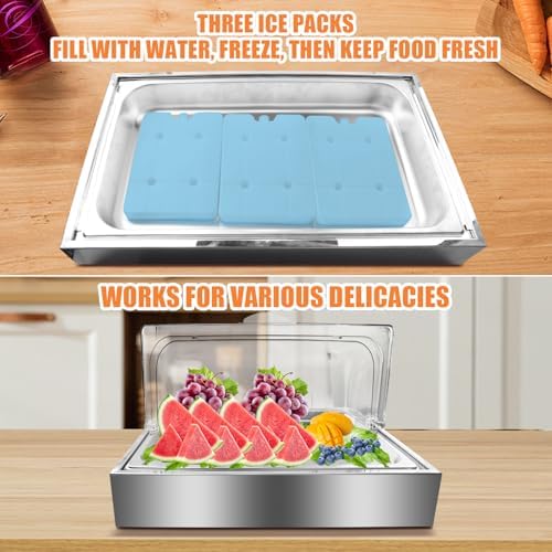 Ice Food Serving Display Tray with Clear Roll Top Cover & 2 Stainless Steel Tongs, Chilled Buffet Server Food, alternate view