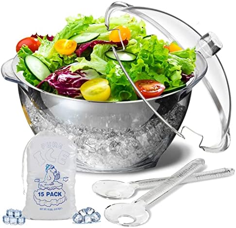 Iced Salad Bowl, 4.5 Qt Large Chilled Serving Bowl with Lid for Parties, Ice Bowls to Keep Veggie, Fruit