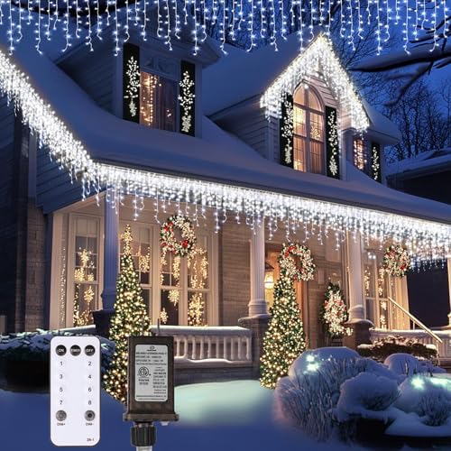 Icicle Christmas Lights Outdoor,520 LED 49.2FT 8 Modes with 80 Drops Cool White Icicle Lights, Remote Control