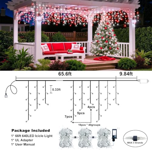 Icicle Christmas Lights Outdoor - 66FT 640 LED Icicle Lights for Outside with 8 Modes, 120 Drops Waterproof, alternate view 4