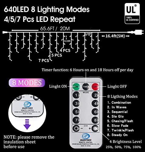 Icicle Christmas Lights Outdoor Decorations 640 LED 65.6 FT 8 Modes LED Icicle String Light with 120 Drops, alternate view 5