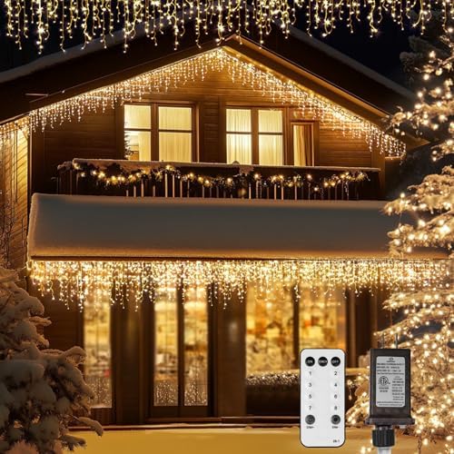 Icicle LED Christmas Lights Outdoor, 520 LED 49.2FT 8 Modes with 80 Drops Warm White Icicle Lights, Remote