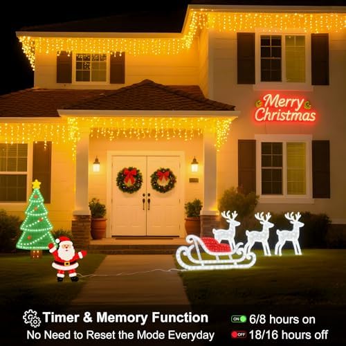 Icicle LED Christmas Lights Outdoor, 520 LED 49.2FT 8 Modes with 80 Drops Warm White Icicle Lights, Remote, alternate view 4