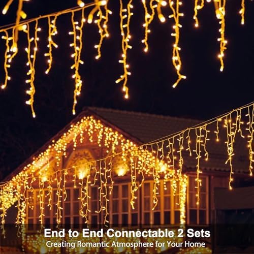 Icicle LED Christmas Lights Outdoor, 520 LED 49.2FT 8 Modes with 80 Drops Warm White Icicle Lights, Remote, alternate view 5