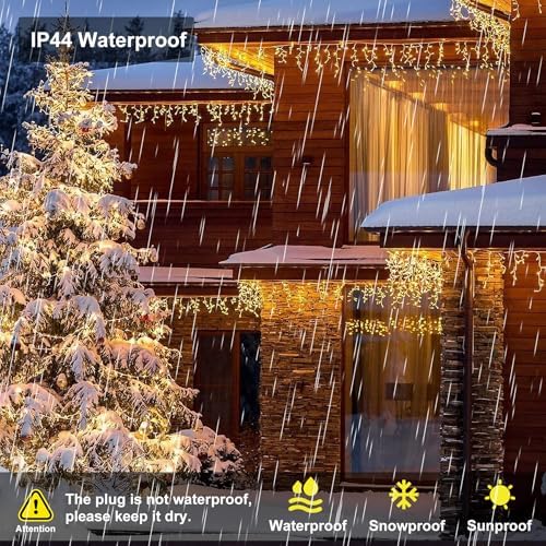 Icicle LED Christmas Lights Outdoor, 520 LED 49.2FT 8 Modes with 80 Drops Warm White Icicle Lights, Remote, alternate view 6