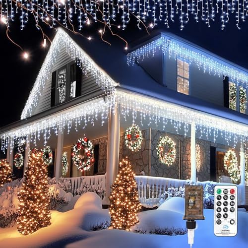 Icicle LED Christmas Lights Outdoor, 624 LED 59FT 8 Modes with 96 Drops Cool White Icicle Lights, Outdoor Indoor