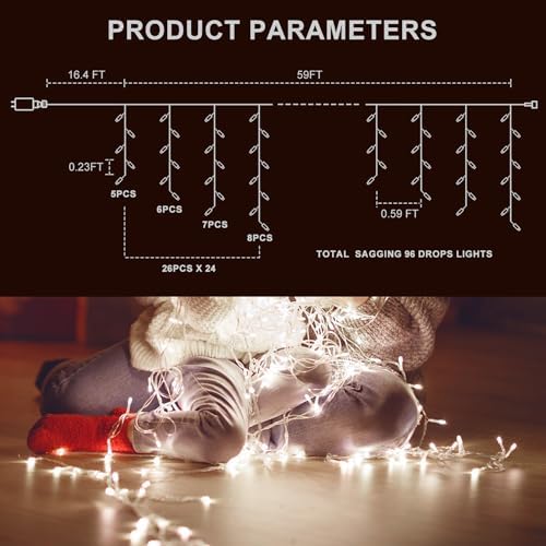 Icicle LED Christmas Lights Outdoor, 624 LED 59FT 8 Modes with 96 Drops Cool White Icicle Lights, Outdoor Indoor, alternate