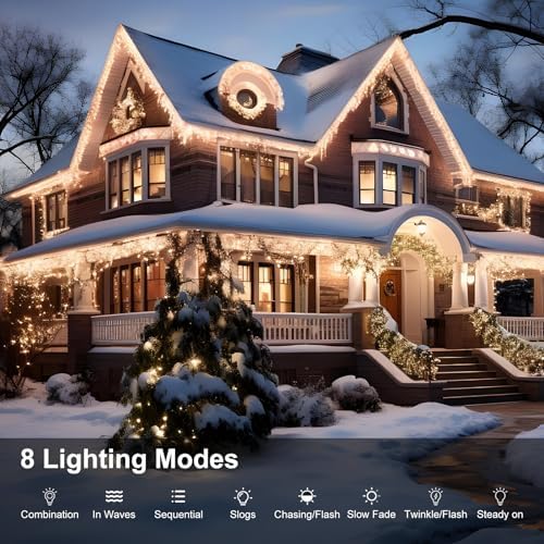 Icicle LED Christmas Lights Outdoor, 624 LED 59FT 8 Modes with 96 Drops Cool White Icicle Lights, Outdoor Indoor, alternate