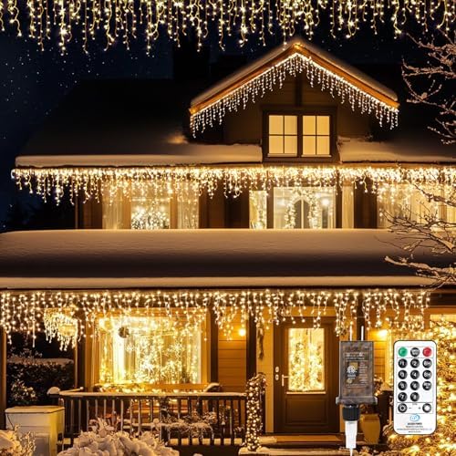 Icicle LED Christmas Lights Outdoor, 624 LED 59FT 8 Modes with 96 Drops Warm White Icicle Lights, Outdoor Indoor