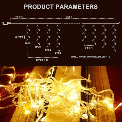Icicle LED Christmas Lights Outdoor, 624 LED 59FT 8 Modes with 96 Drops Warm White Icicle Lights, Outdoor Indoor, alternate