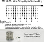 Icicle Lights 90 LED 10 ft Short Curtain Lights with 8 Modes Remote Control, Powerd by USB & Battery, alternate view 3