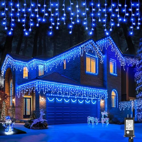 Icicle Lights for Outside, 16.5FT 200 LED Christmas Lights Outdoor, Blue in Blue