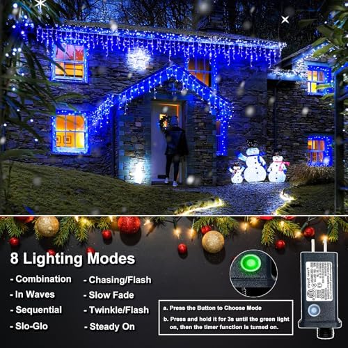 Icicle Lights for Outside, 16.5FT 200 LED Christmas Lights Outdoor, Blue in Blue, alternate view 4
