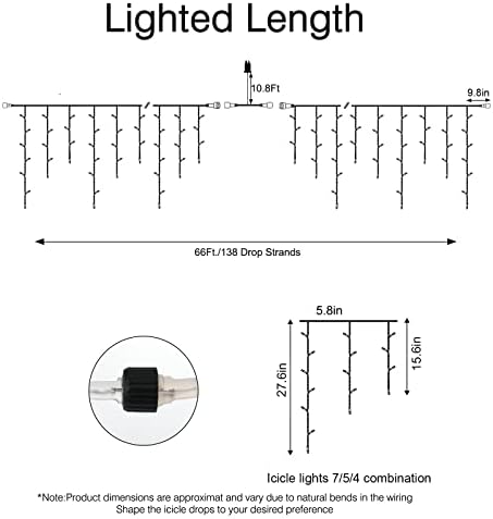 Icicle Lights for Outside, 2Pack Total 132FT 276 Drops 1472 LED Icicle Christmas Lights with Remote,8 Mode, alternate view 5