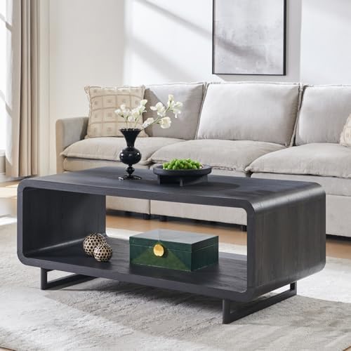 IFGET 48" Modern Coffee Table, 2-Tier Curved Center Table, Dark Grey in Dark Grey