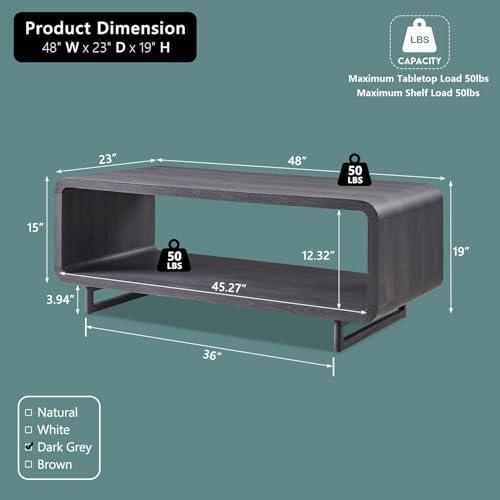 IFGET 48" Modern Coffee Table, 2-Tier Curved Center Table, Dark Grey in Dark Grey, alternate view 2