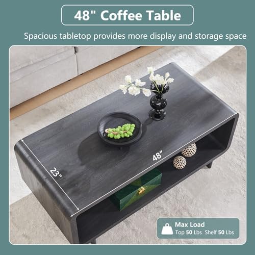 IFGET 48" Modern Coffee Table, 2-Tier Curved Center Table, Dark Grey in Dark Grey, alternate view 3