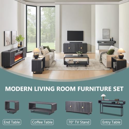 IFGET 48" Modern Coffee Table, 2-Tier Curved Center Table, Dark Grey in Dark Grey, alternate view 6