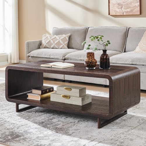 IFGET 48" Modern Coffee Table, 2-Tier Curved Center Table, Dark Walnut