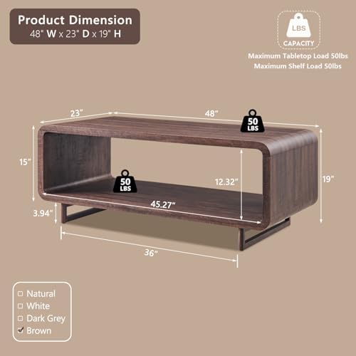 IFGET 48" Modern Coffee Table, 2-Tier Curved Center Table, Dark Walnut, alternate view 2