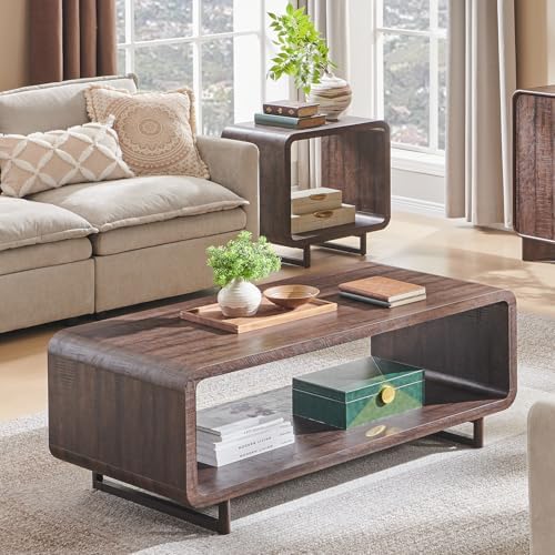 IFGET 48" Modern Coffee Table, 2-Tier Curved Center Table, Dark Walnut, alternate view 3