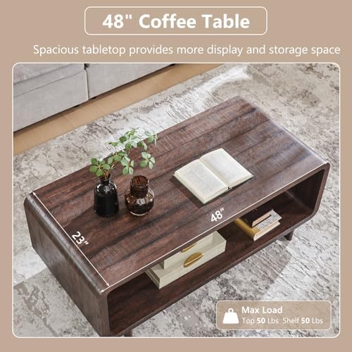 IFGET 48" Modern Coffee Table, 2-Tier Curved Center Table, Dark Walnut, alternate view 4