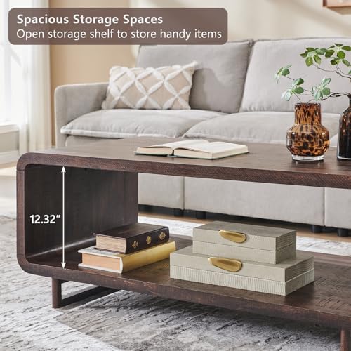 IFGET 48" Modern Coffee Table, 2-Tier Curved Center Table, Dark Walnut, alternate view 5