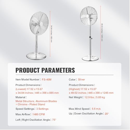 Industrial Pedestal Fan, 16 Inch 75-Degree Oscillating Fan, Height Adjustable Standing Fans with 3 Adjustable, alternate view