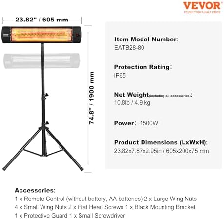 Infrared Heater, 1500W Remote Control Electric Space Heater, LED Screen Patio Heater w/ 3 Speeds & Timer, alternate view 3