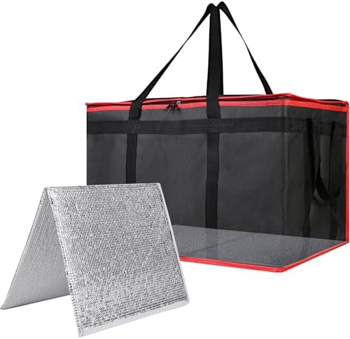 Insulated Food Delivery Bag with Hard Bottom, 3XL, Black-Red, 1PK