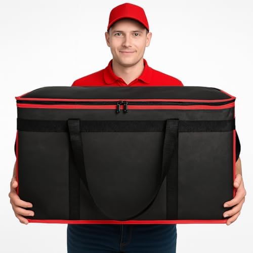 Insulated Food Delivery Bag with Hard Bottom, 3XL, Black-Red, 1PK, alternate view 6