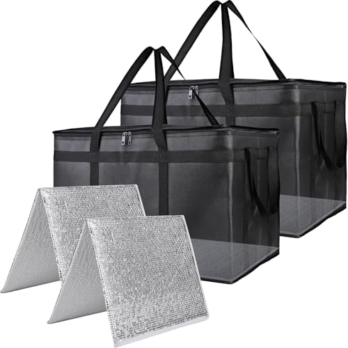 Insulated Food Delivery Bag with Hard Bottom, XXXL, Black, 2 Pack in Black