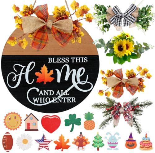 Interchangeable Welcome Sign for Front Door with 4 Seasonal Wreath and 14 Changeable Icons, Bless This Home for