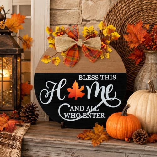 Interchangeable Welcome Sign for Front Door with 4 Seasonal Wreath and 14 Changeable Icons, Bless This Home for, alternate