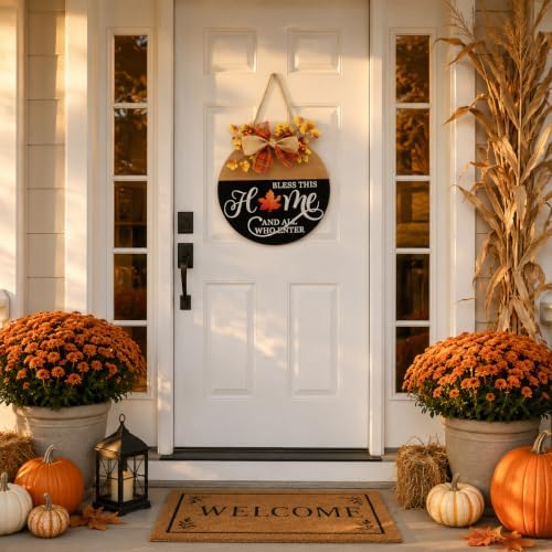Interchangeable Welcome Sign for Front Door with 4 Seasonal Wreath and 14 Changeable Icons, Bless This Home for, alternate