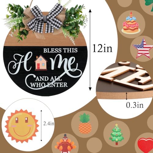 Interchangeable Welcome Sign for Front Door with 4 Seasonal Wreath and 14 Changeable Icons, Bless This Home for, alternate