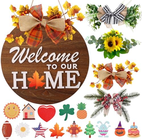 Interchangeable Welcome Sign for Front Door with 4 Seasonal Wreaths and 14 Changeable Icons, Farmhouse Front