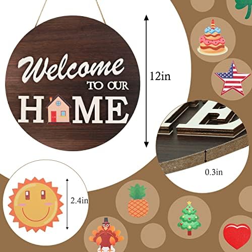 Interchangeable Welcome Sign for Front Door with 4 Seasonal Wreaths and 14 Changeable Icons, Farmhouse Front, alternate view
