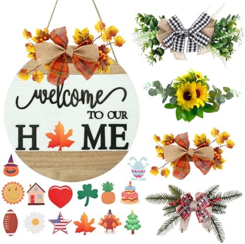 Interchangeable Welcome Sign for Front Door with 4 Seasonal Wreaths and 14 Changeable Icons, Farmhouse Front