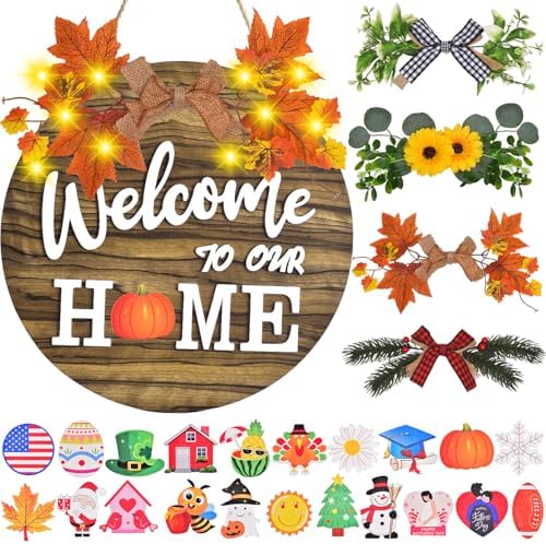 Interchangeable Welcome Sign, Seasonal Wooden Front door sign Brown
