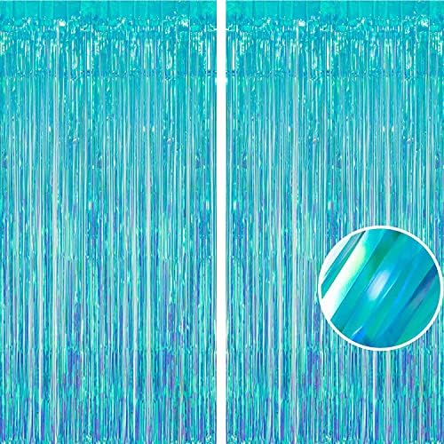 Iridescent Blue Fringe Curtains | Holographic Tinsel Backdrop in 3.2 ft x 6.5 ft in Clear Blue