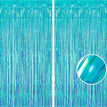 Iridescent Blue Fringe Curtains | Holographic Tinsel Backdrop in 3.2 ft x 6.5 ft in Clear Blue