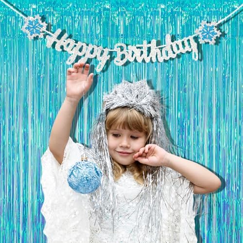 Iridescent Blue Fringe Curtains | Holographic Tinsel Backdrop in 3.2 ft x 6.5 ft in Clear Blue, alternate view 2