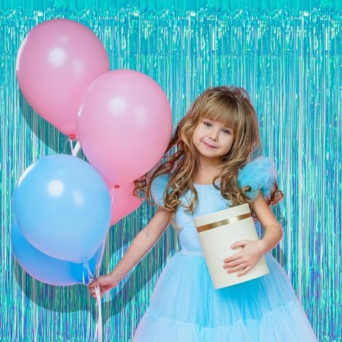 Iridescent Blue Fringe Curtains | Holographic Tinsel Backdrop in 3.2 ft x 6.5 ft in Clear Blue, alternate view 6
