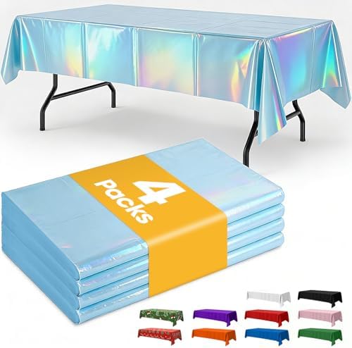 Iridescent Blue Plastic Table Cloth Disposable, 4 Pack, 54 x 108 in