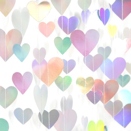 Iridescent Disco-Holograpic Party-Decorations Heart Garland - 56Ft Neon Galentines Love Hanging Streamers