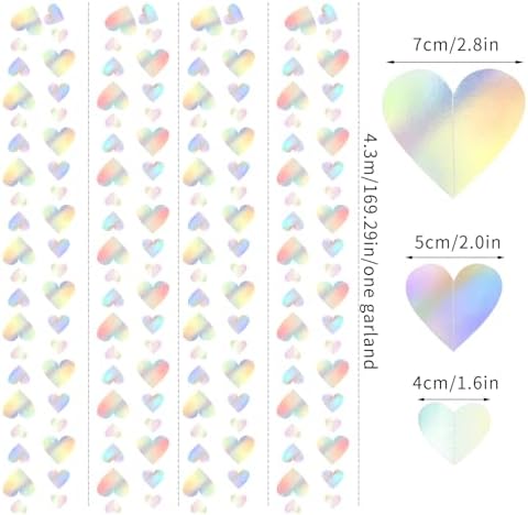 Iridescent Disco-Holograpic Party-Decorations Heart Garland - 56Ft Neon Galentines Love Hanging Streamers, alternate view 2