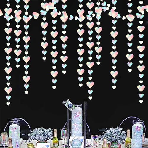 Iridescent Disco-Holograpic Party-Decorations Heart Garland - 56Ft Neon Galentines Love Hanging Streamers, alternate view 4