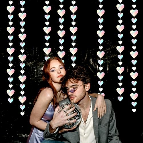 Iridescent Disco-Holograpic Party-Decorations Heart Garland - 56Ft Neon Galentines Love Hanging Streamers, alternate view 5