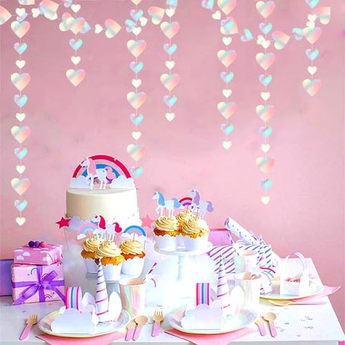 Iridescent Disco-Holograpic Party-Decorations Heart Garland - 56Ft Neon Galentines Love Hanging Streamers, alternate view 6